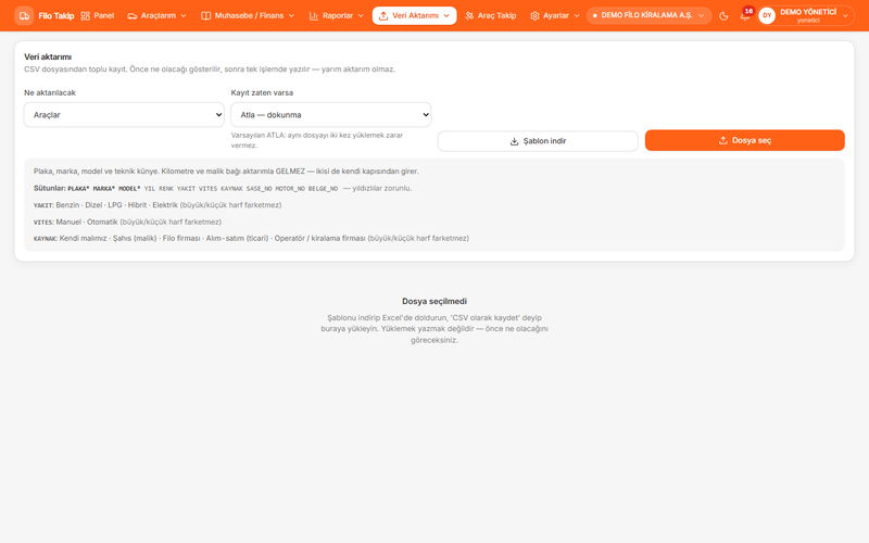 BiFiloTakip gerçek sistem ekranı: Toplu veri aktarımı
