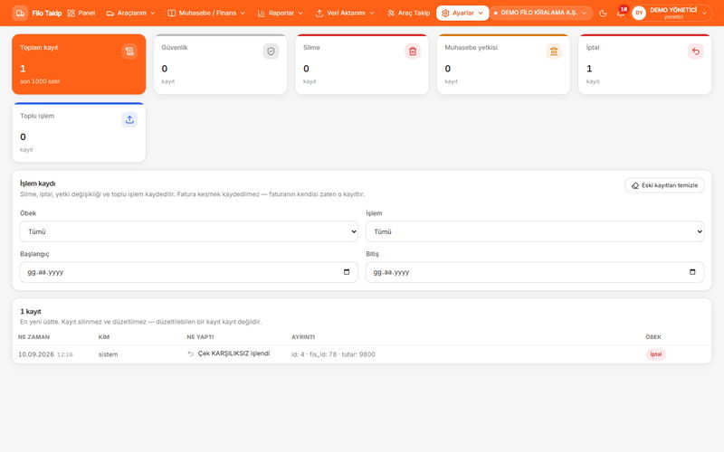 BiFiloTakip gerçek sistem ekranı: İşlem kaydı